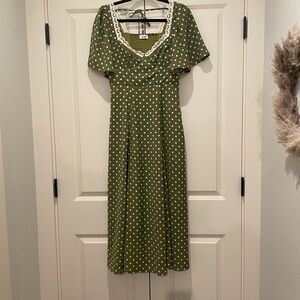 In Bloom Polka Dot Lace-Trim Midi Dress - Olive Green